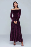 Plum Velvet A-Line Long Holiday Party Dress with Long Sleeves