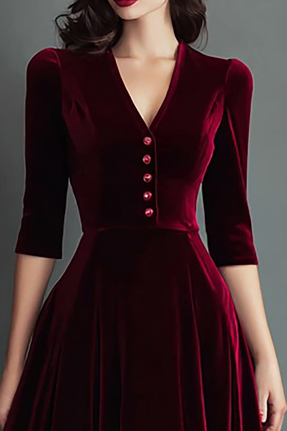 Burgundy A Line Velvet V-Neck Work Dress with Half Sleeves