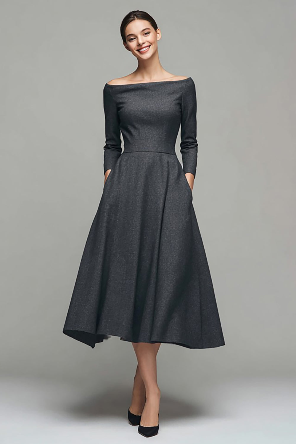 Dark Grey A Line Bateau Neck Work Dress with Long Sleeves