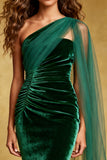 Dark Green Velvet One Shoulder Mermaid Pleated Long Evening Dress with Ruffles