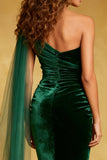 Dark Green Velvet One Shoulder Mermaid Pleated Long Evening Dress with Ruffles