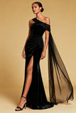 Black One Shoulder Mermaid Pleated Long Evening Dress with Slit