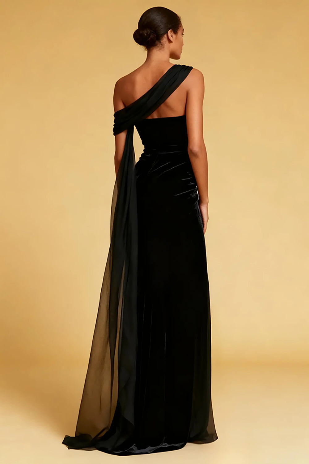 Black One Shoulder Mermaid Pleated Long Evening Dress with Slit