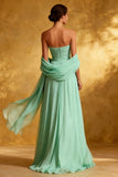 Chiffon Mint Green Strapless Pleated A Line Long Evening Dress