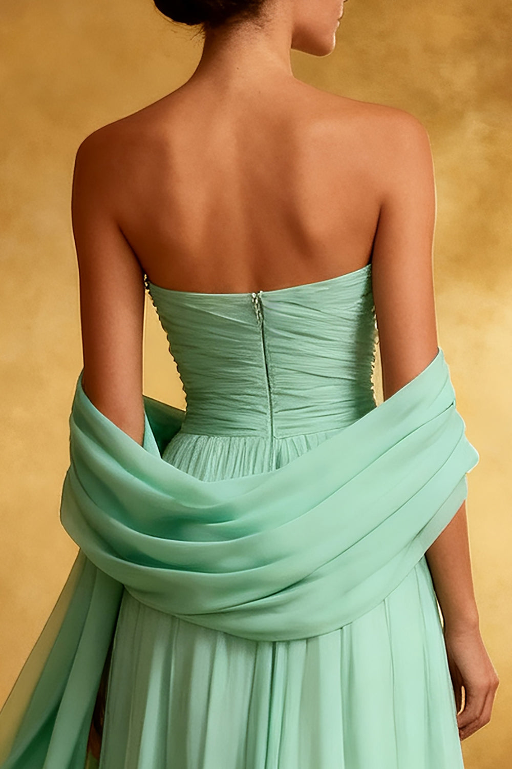 Chiffon Mint Green Strapless Pleated A Line Long Evening Dress