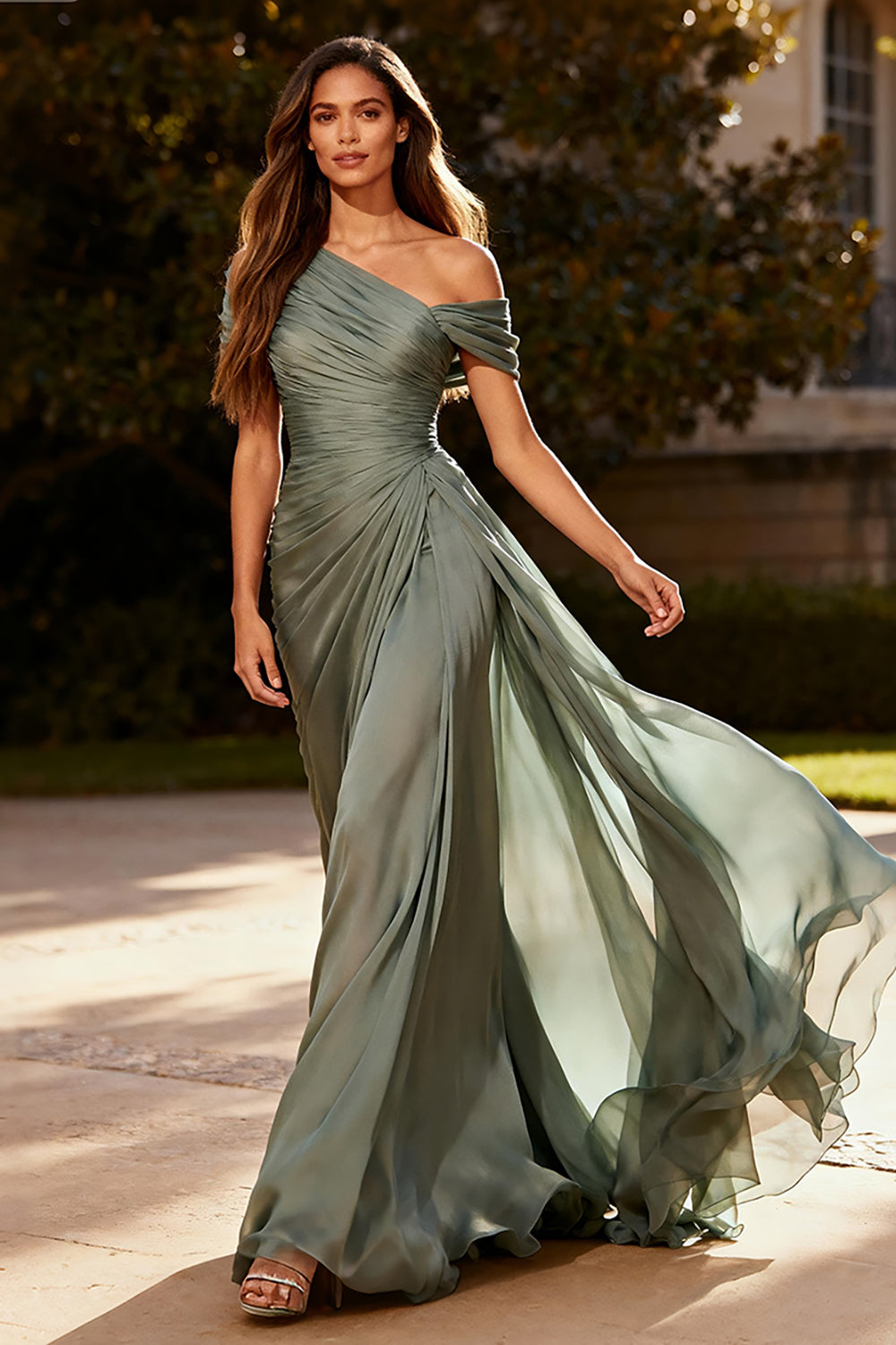 Dusty Sage Chiffon One Shoulder A Line Pleated Long Formal Dress