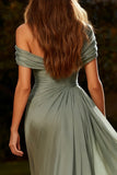 Dusty Sage Chiffon One Shoulder A Line Pleated Long Formal Dress