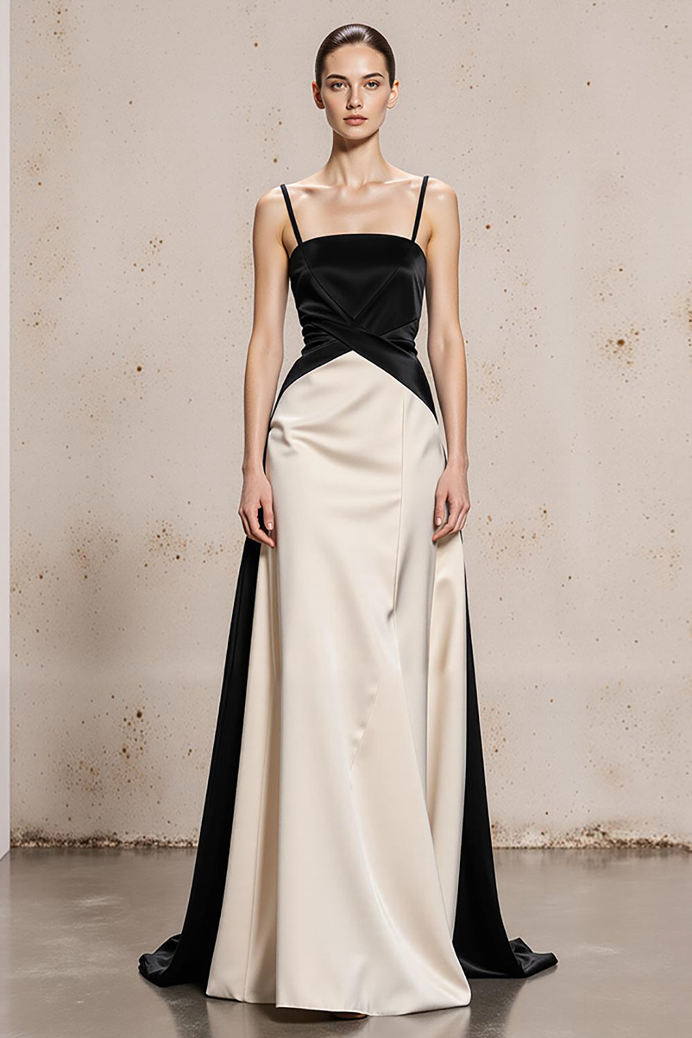 Black White Spaghetti Straps A Line Satin Long Formal Dress