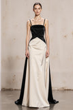 Black White Spaghetti Straps A Line Satin Long Formal Dress