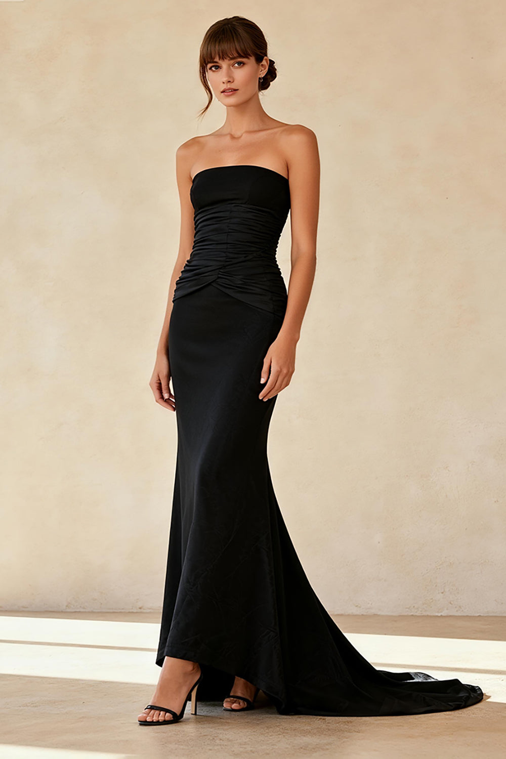 Simple Mermaid Black Strapless Pleated Long Formal Dress