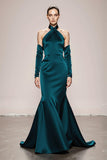 Mermaid Halter Peacock Green Sleeves Long Military Ball Dresses
