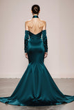 Mermaid Halter Peacock Green Sleeves Long Military Ball Dresses