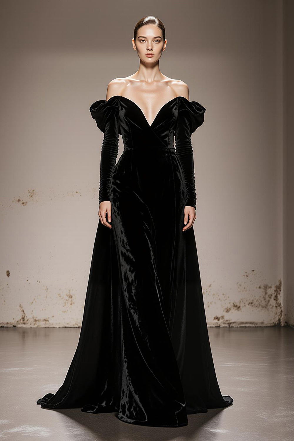 A-Line Black Velvet Off the Shoulder Long Military Ball Dresses with Sleeves