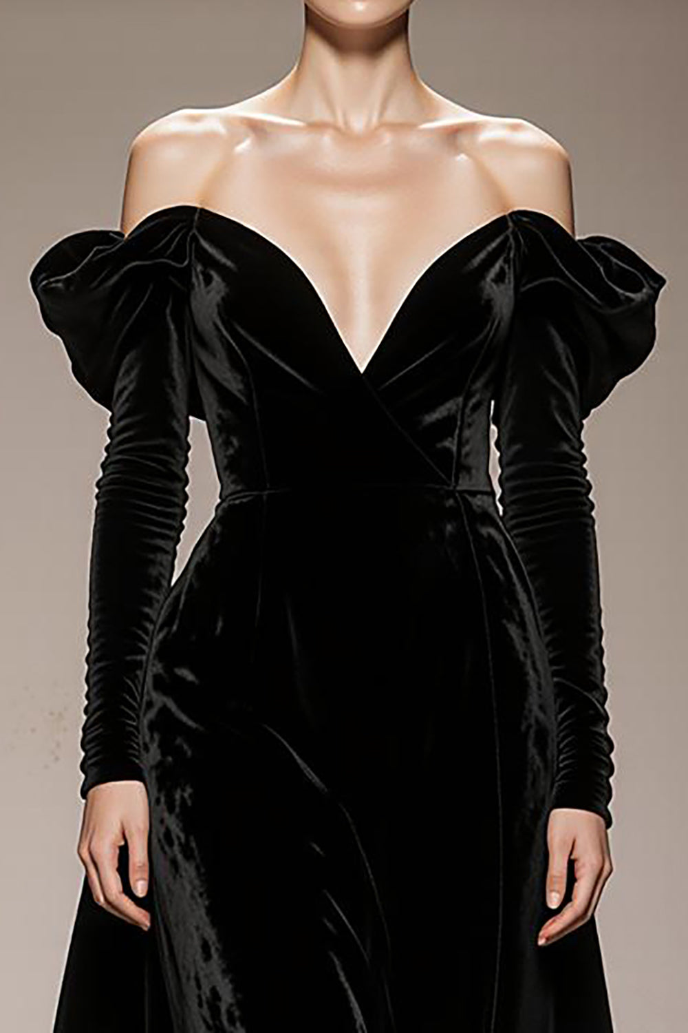 A-Line Black Velvet Off the Shoulder Long Military Ball Dresses with Sleeves