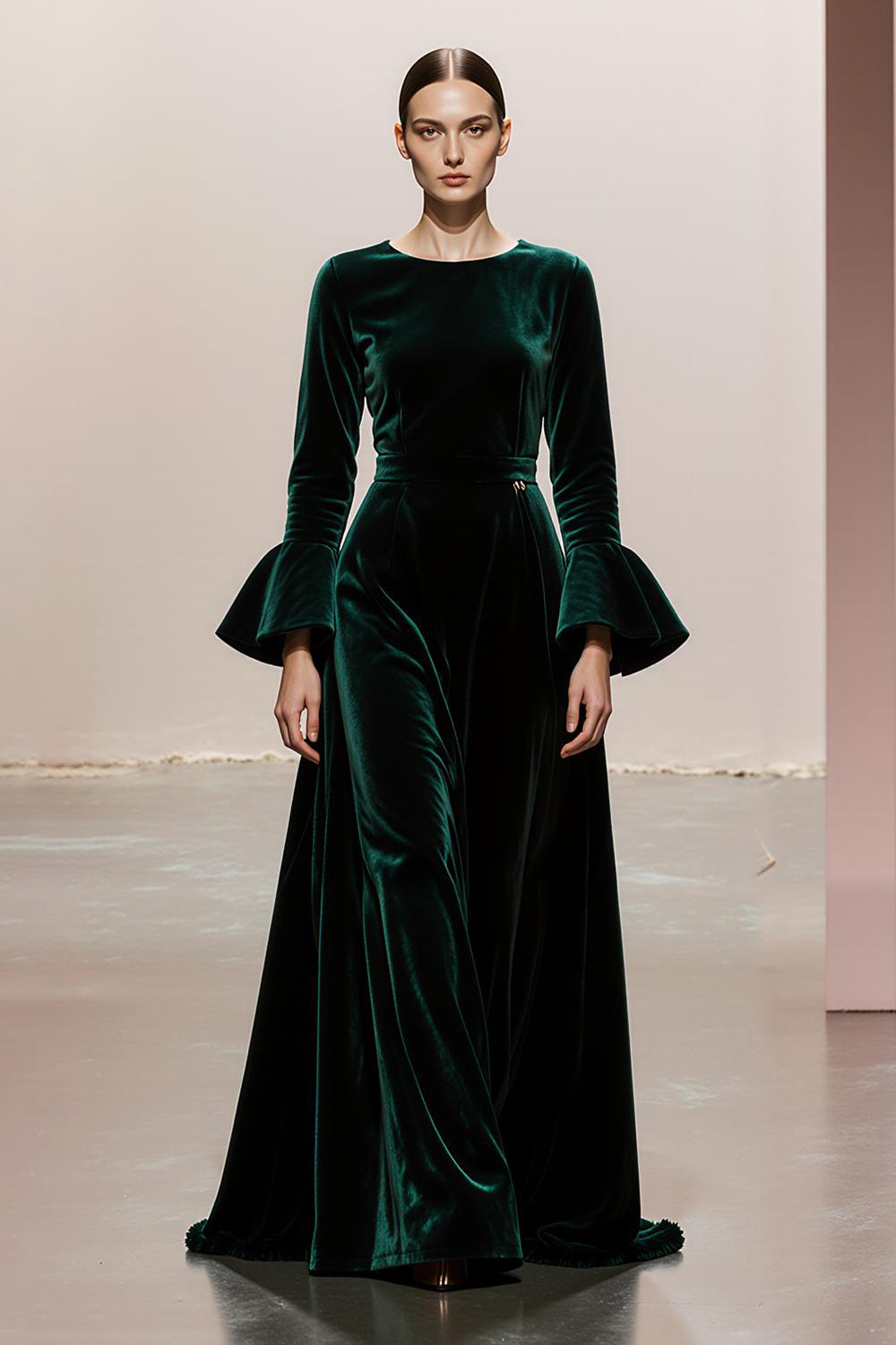 Dark Green A-Line Round Neck Long Sleeves Velvet Military Ball Dresses