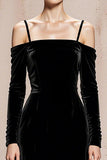 Black Cold Shoulder A-Line Velvet Long Sleeves Military Ball Dresses