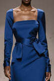 A-Line Velvet Royal Blue Long Military Ball Dresses with Sleeves
