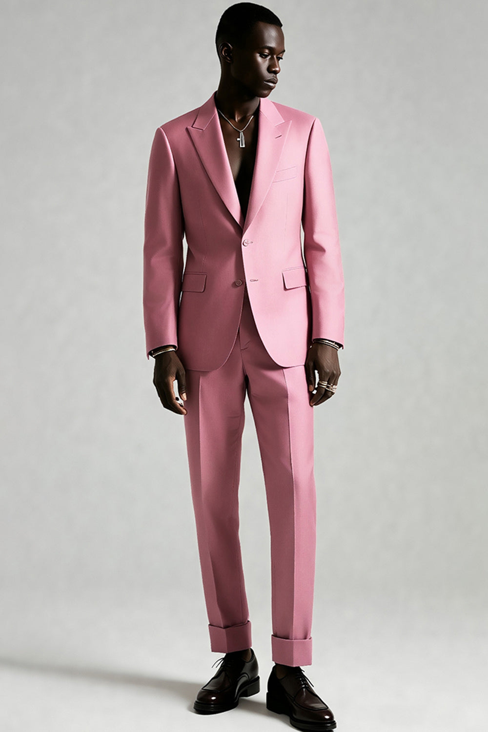 Men's Grey Pink Peak Lapel 2 Piece Prom Suits