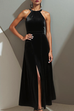 Black Velvet Halter Formal Dress with Slit