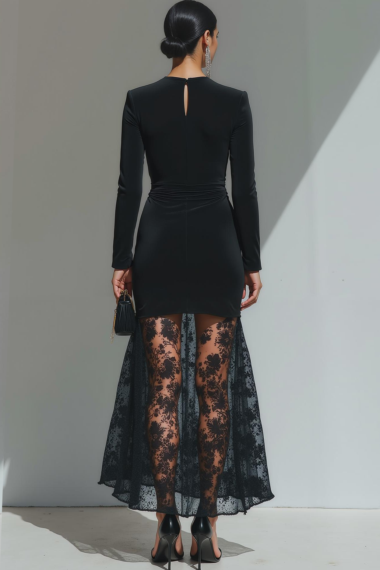 Black Velvet Sheath V-Neck Long Formal Dress with Lace