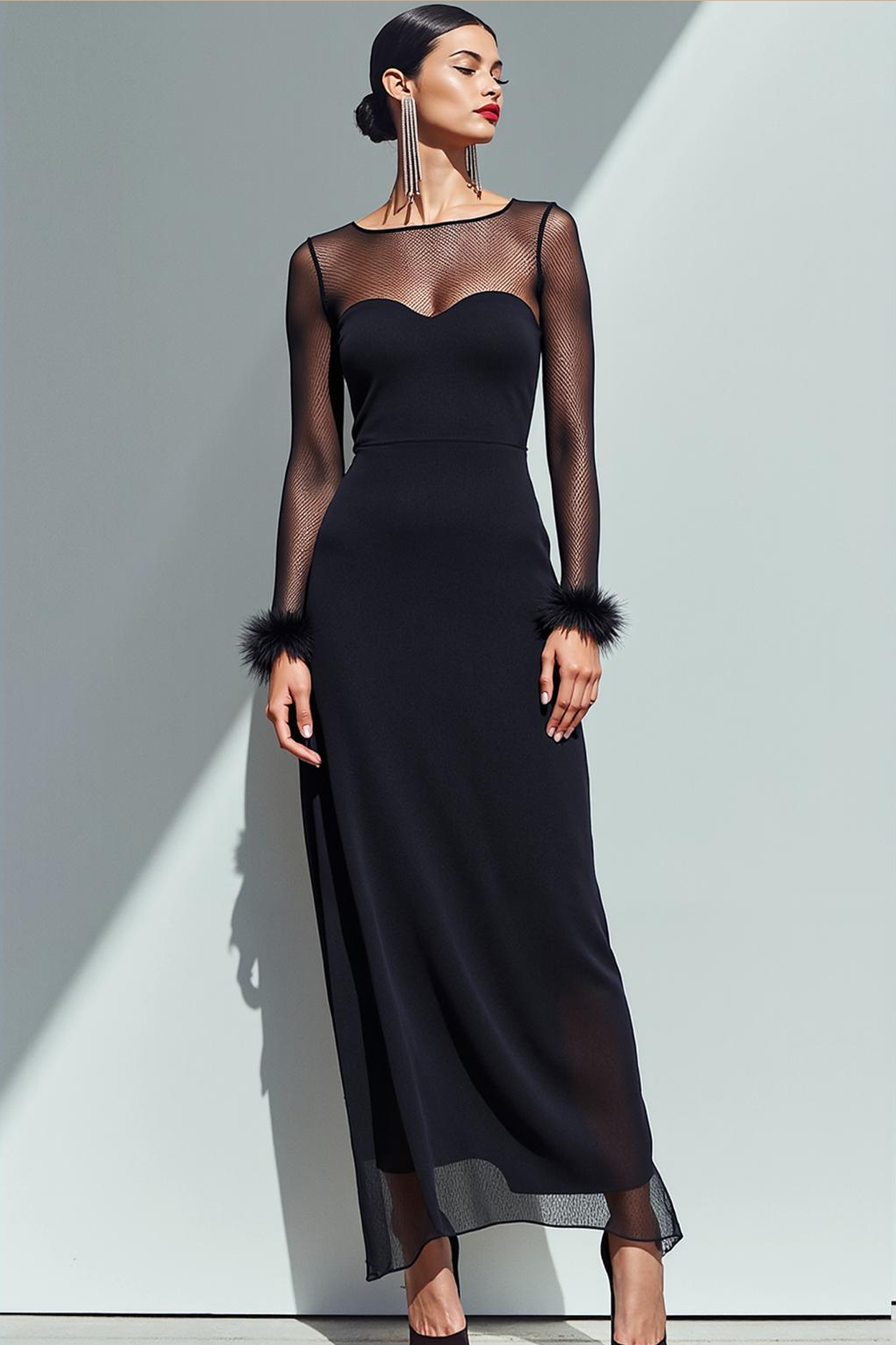 Black Chiffon Sheath Boat Neck Long Formal Dress with Sleeves