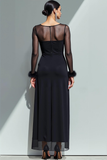 Black Chiffon Sheath Boat Neck Long Formal Dress with Sleeves