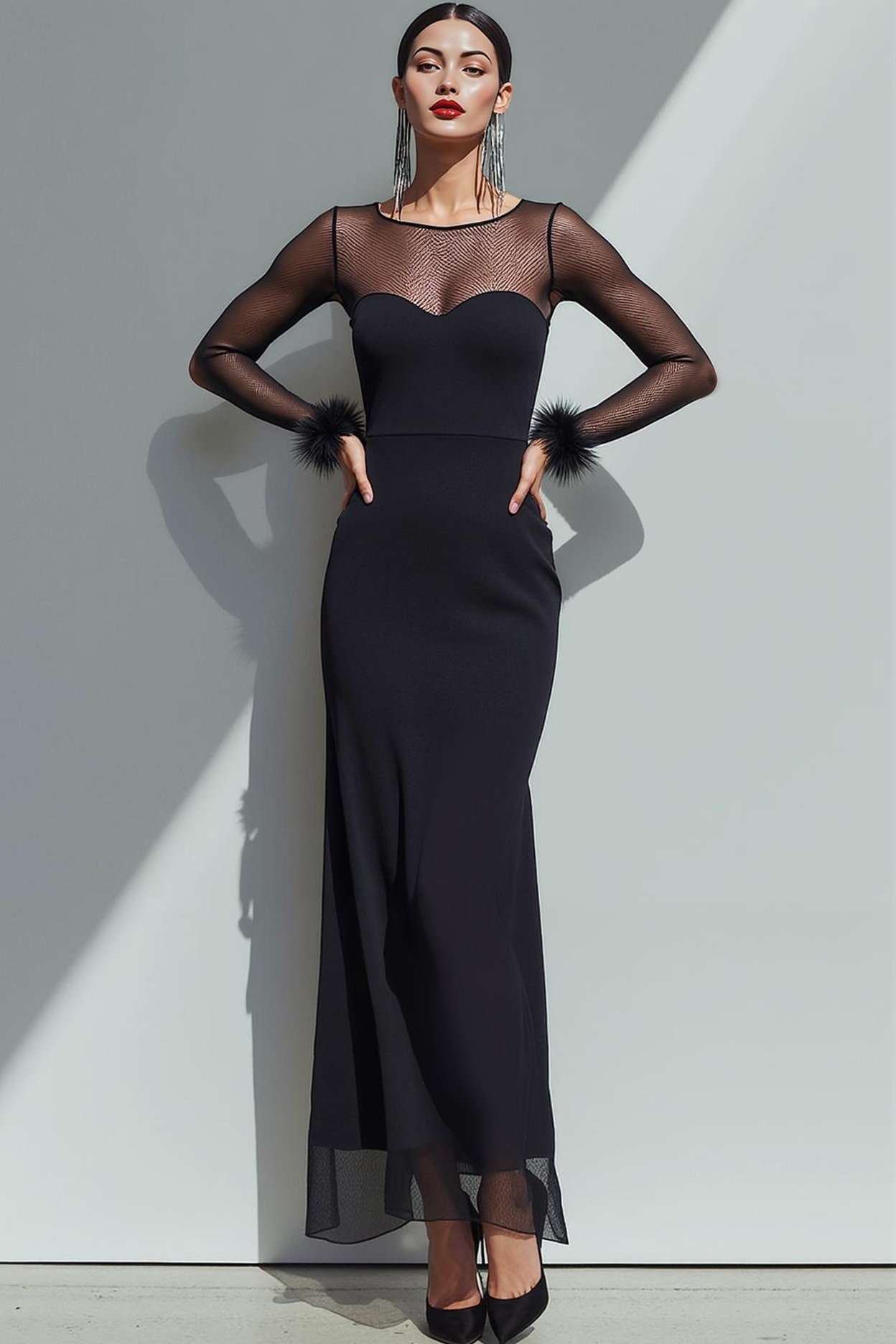Black Chiffon Sheath Boat Neck Long Formal Dress with Sleeves