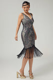 Black Apricot Fringed Bodycon 1920s Dress With Sequins