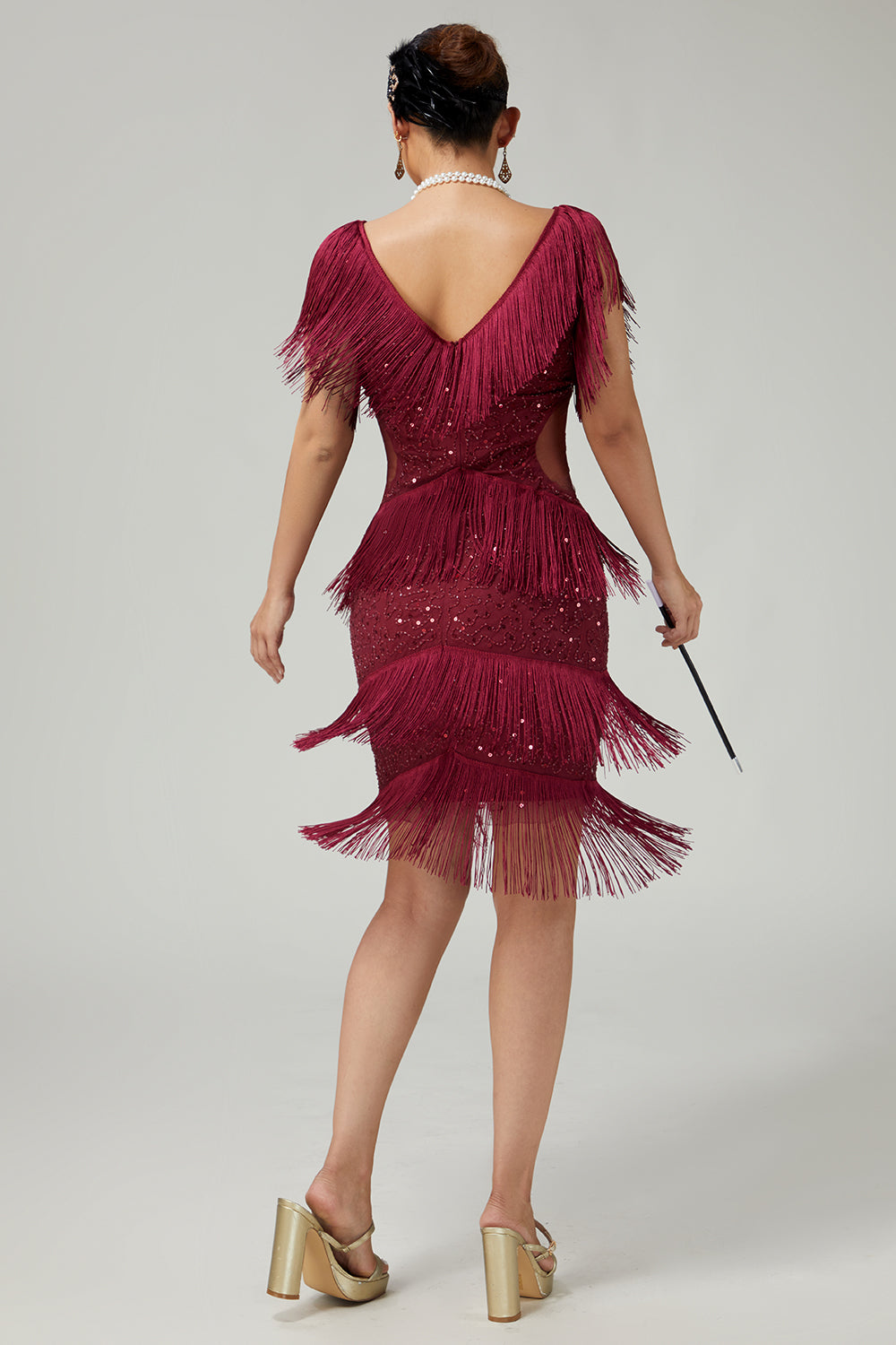 Sparkly Burgundy Bodycon Tiered Fringed 1920s Dress