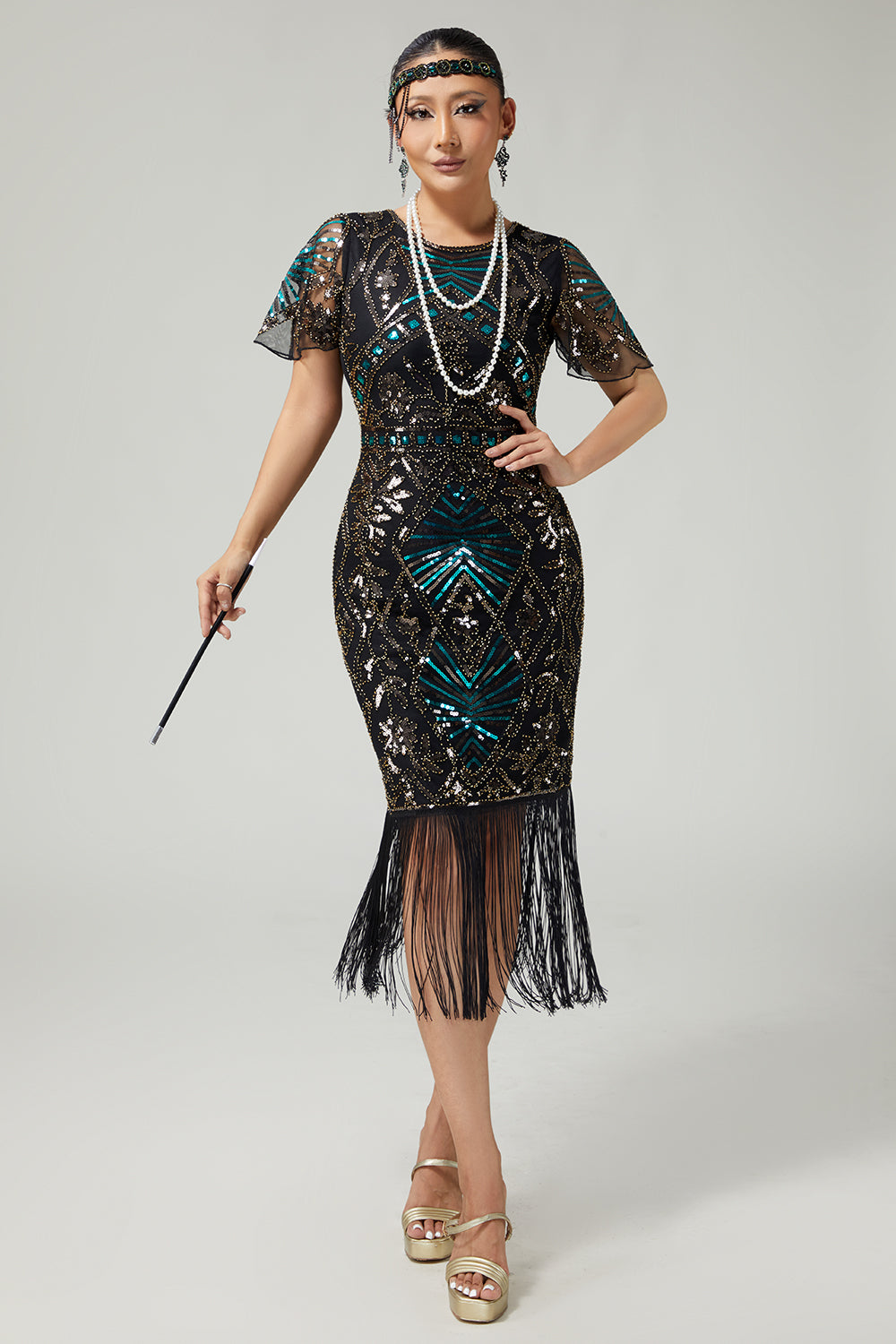 Sparkly Black Blue Fringed 1920s Dress With Short Sleeves