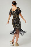 Black Golden V-Neck 1920s Dress With Sequins and Fringes