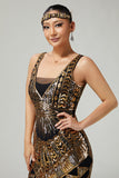 Black Golden Sequined 1920s Dress With Fringes