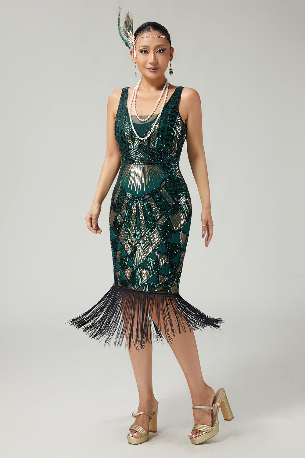 Bodycon Sequined Fringed Dark Green Sleeveless 1920s Dress