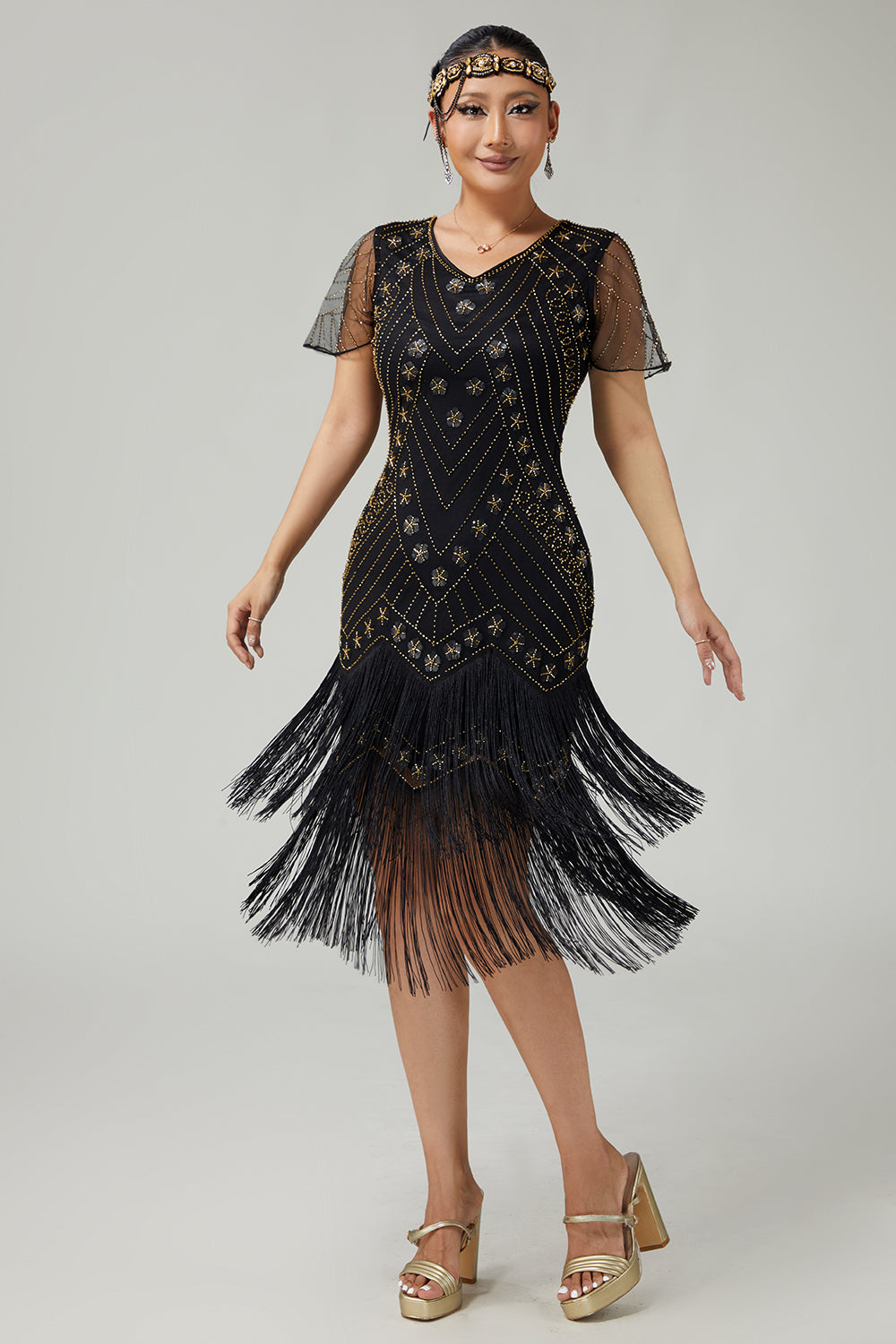 Black Golden Riered Fringed 1920s Dress With Beading