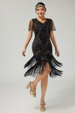 Black Golden Riered Fringed 1920s Dress With Beading