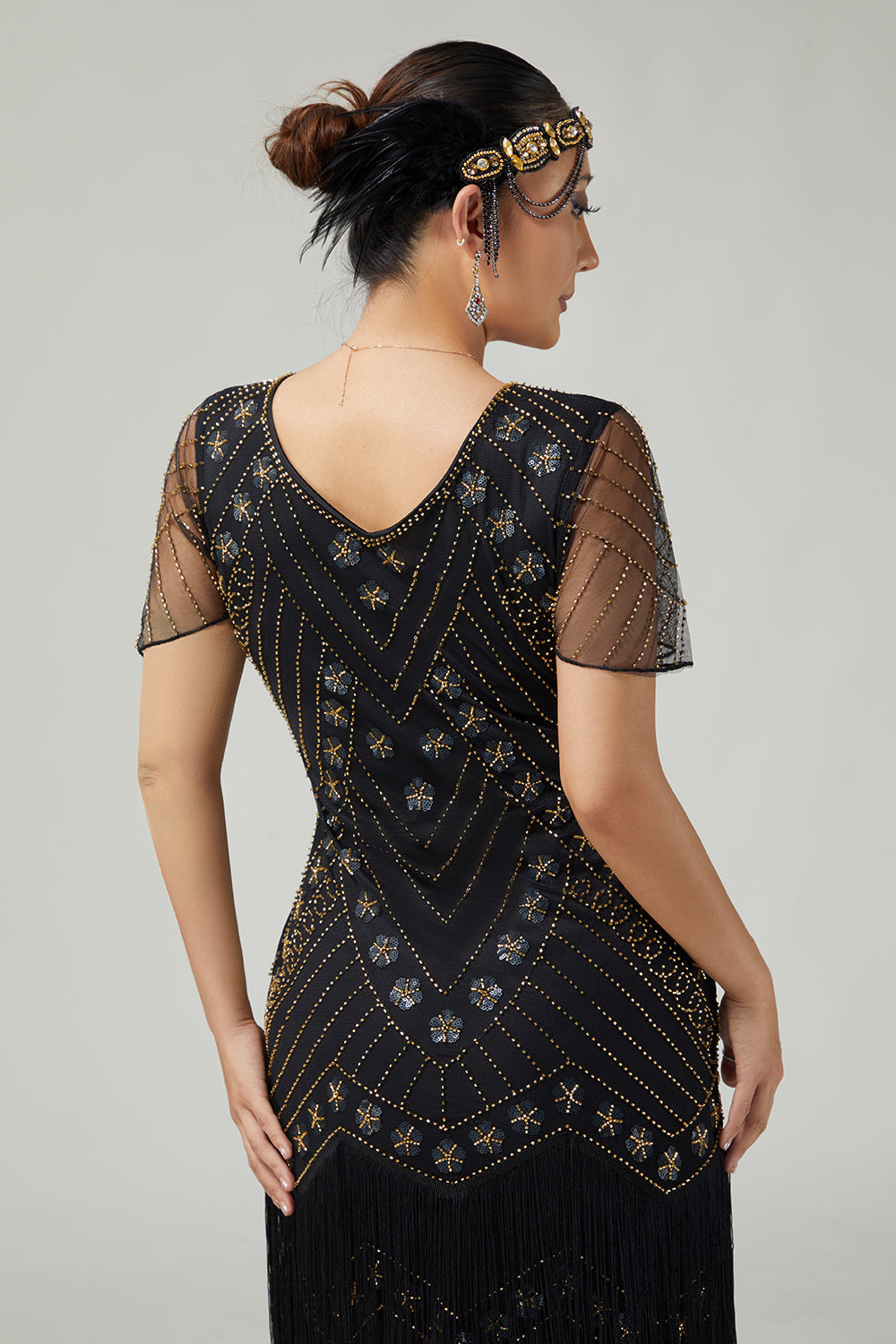 Black Golden Riered Fringed 1920s Dress With Beading