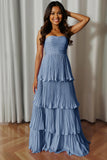A-Line Strapless Blush Pink Pleated Tiered Bridesmaid Dress