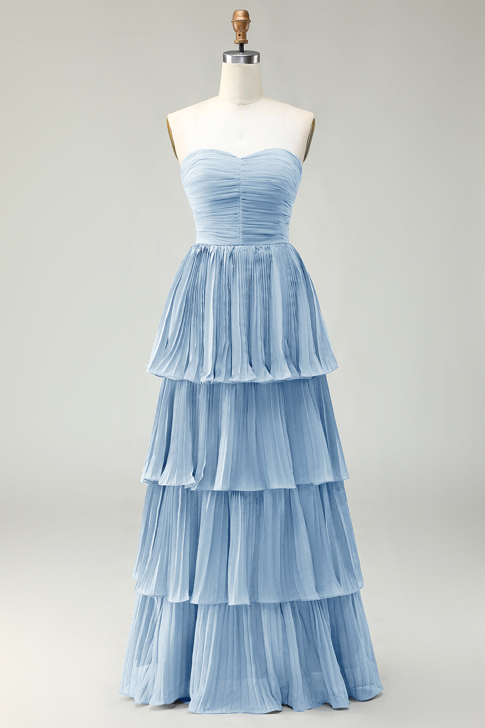 Blush Pink A-Line Strapless Pleated Tiered Long Bridesmaid Dress
