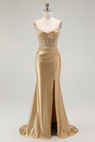 Golden Mermaid Spaghetti Straps Corset Pleated Ball Dress with Slit