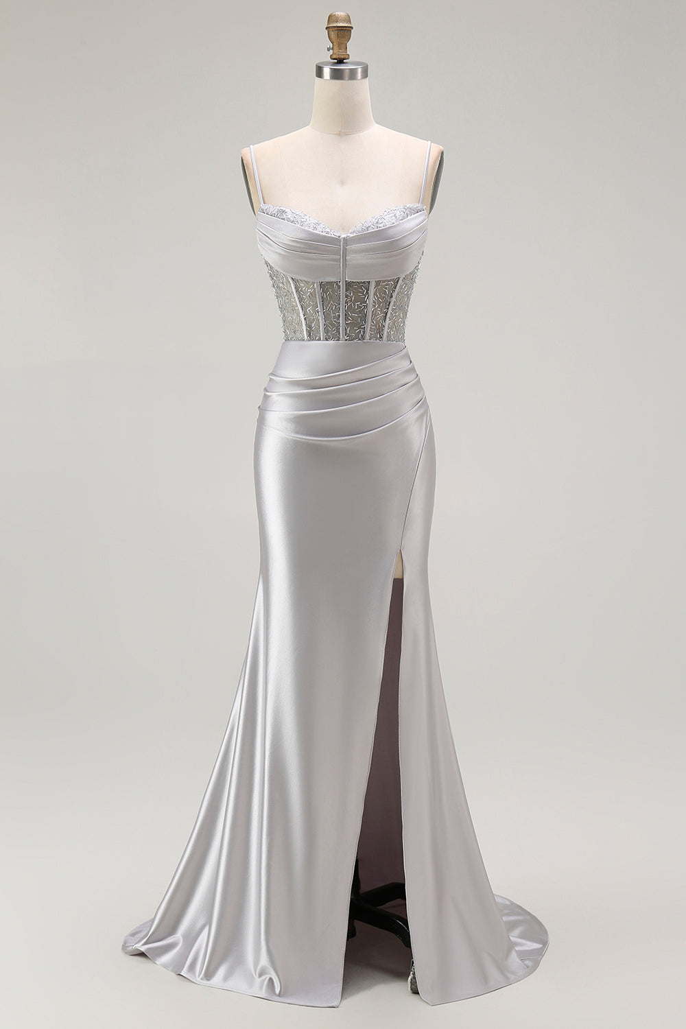 Golden Mermaid Spaghetti Straps Corset Pleated Ball Dress with Slit