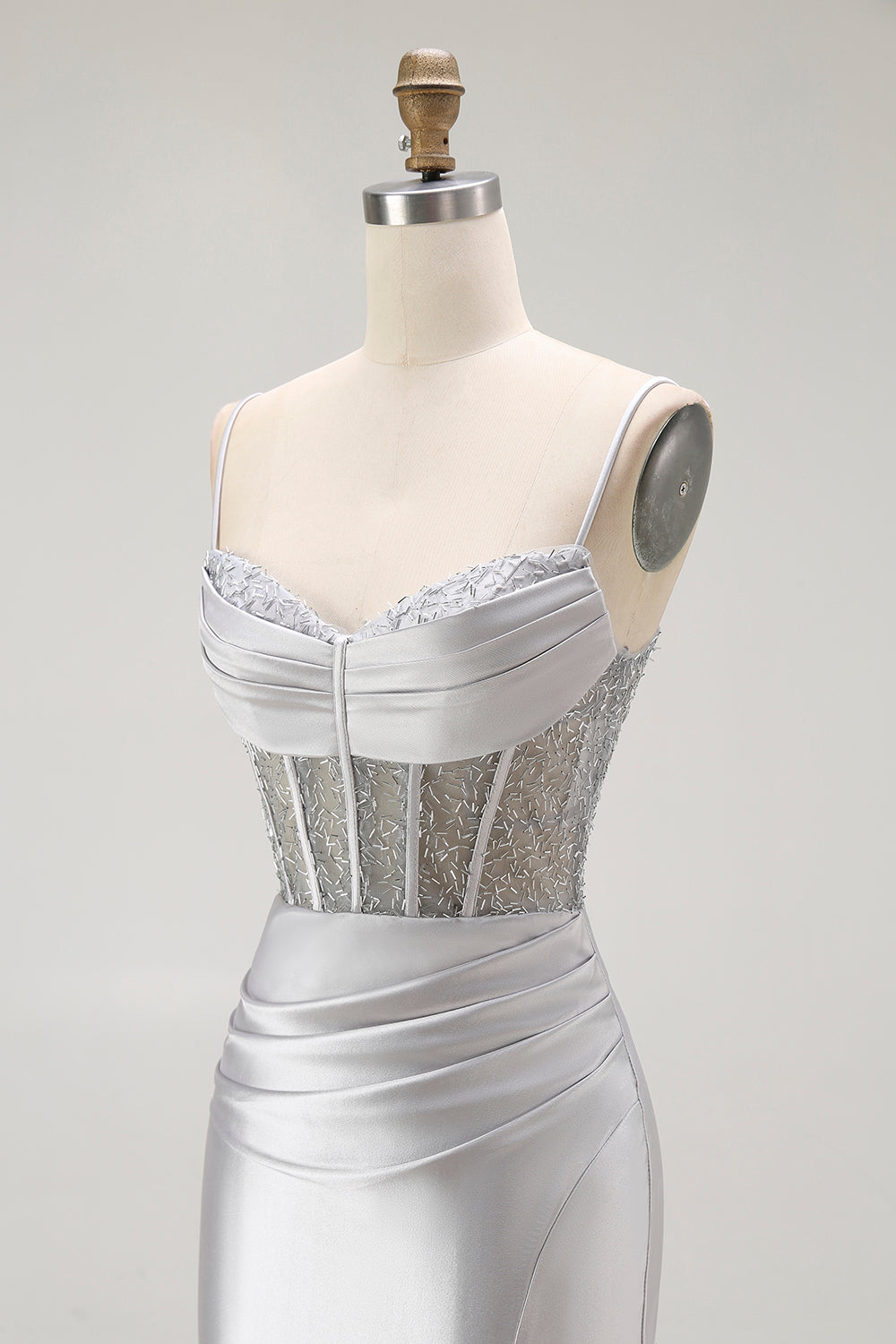 Golden Mermaid Spaghetti Straps Corset Pleated Ball Dress with Slit