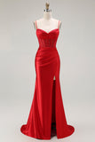 Red Mermaid Spaghetti Straps Corset Pleated Ball Dress with Slit