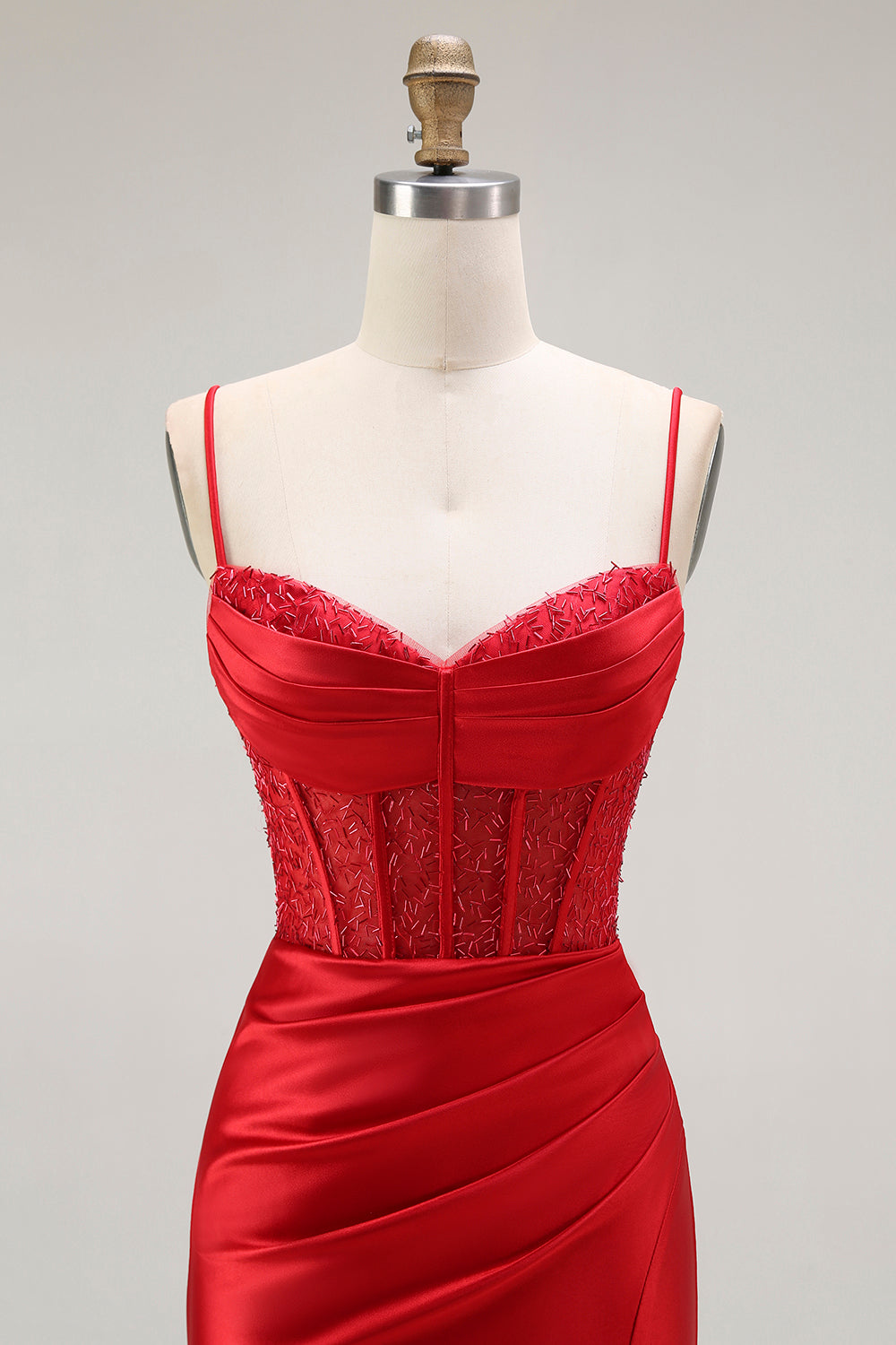 Golden Mermaid Spaghetti Straps Corset Pleated Ball Dress with Slit