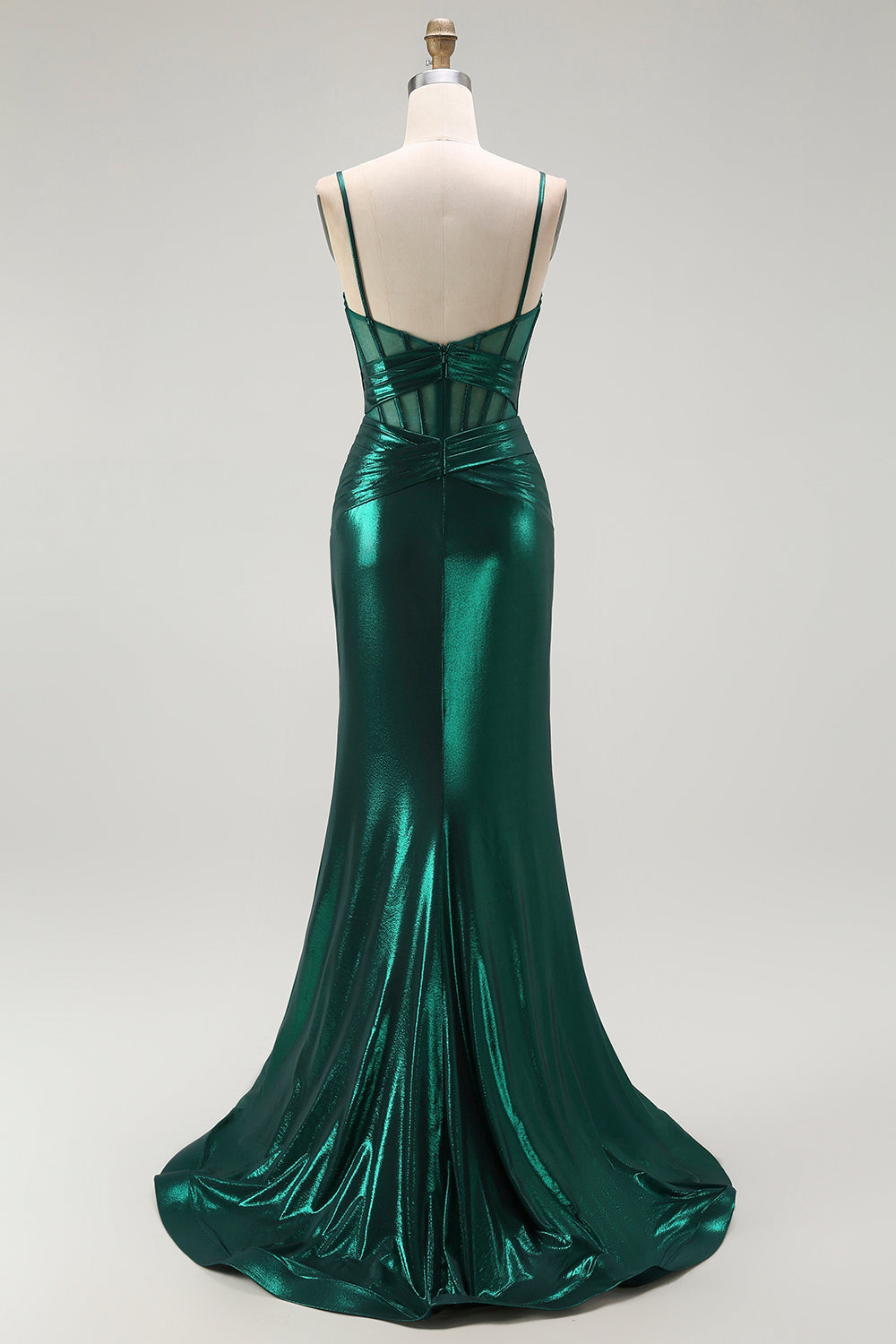 Dark Green Mermaid Metallic Pleated Corset Ball Dress with Slit