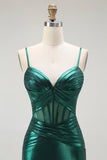 Dark Green Mermaid Metallic Pleated Corset Ball Dress with Slit