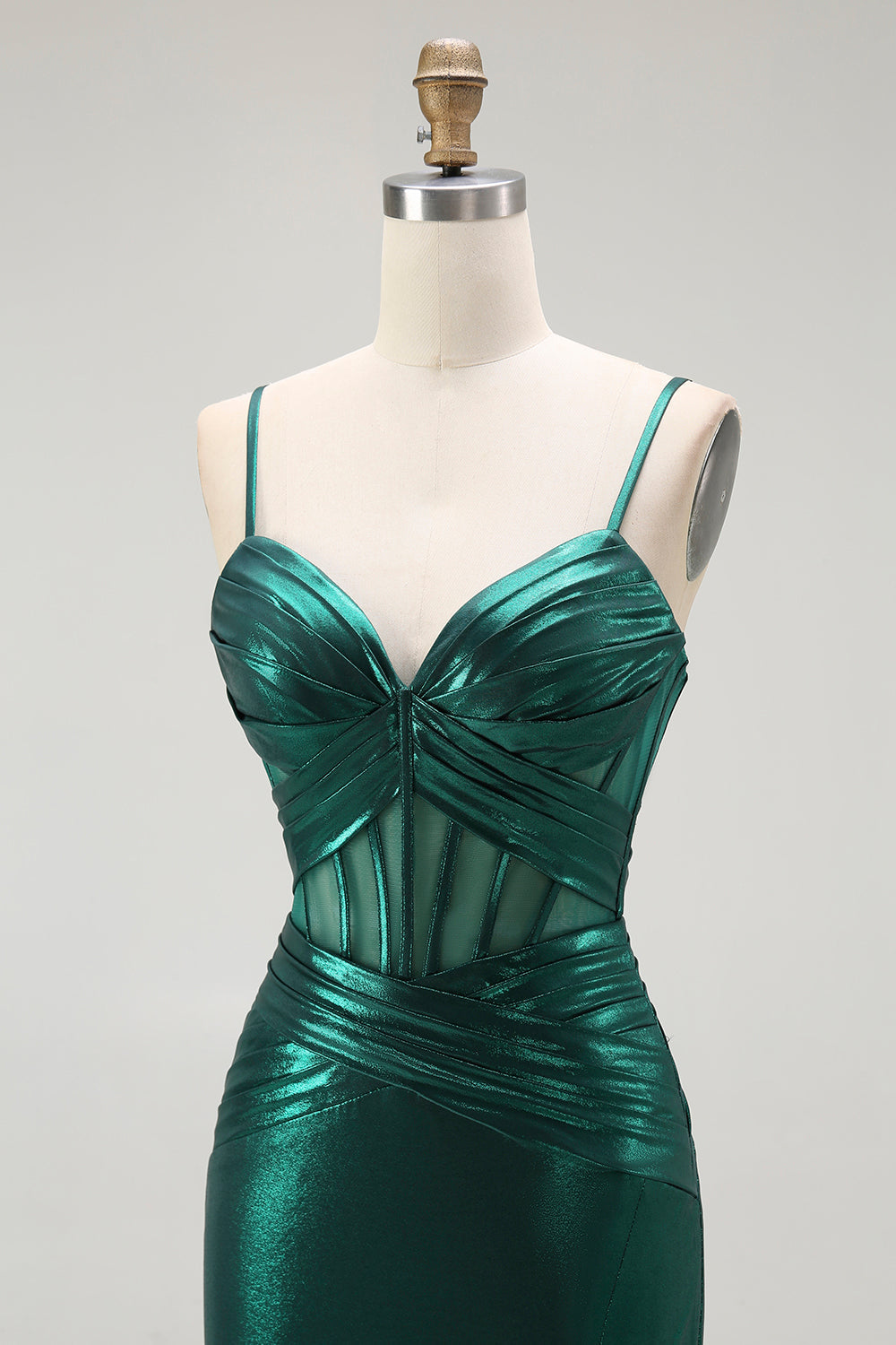 Dark Green Mermaid Metallic Pleated Corset Ball Dress with Slit