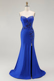 Royal Blue Mermaid Strapless Lace Up Back Beaded Ball Dress with Slit