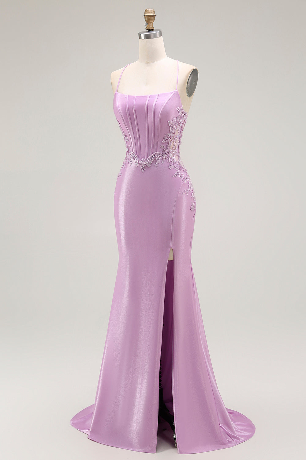 Purple Mermaid Spaghetti Straps Corset Long Ball Dress with Slit