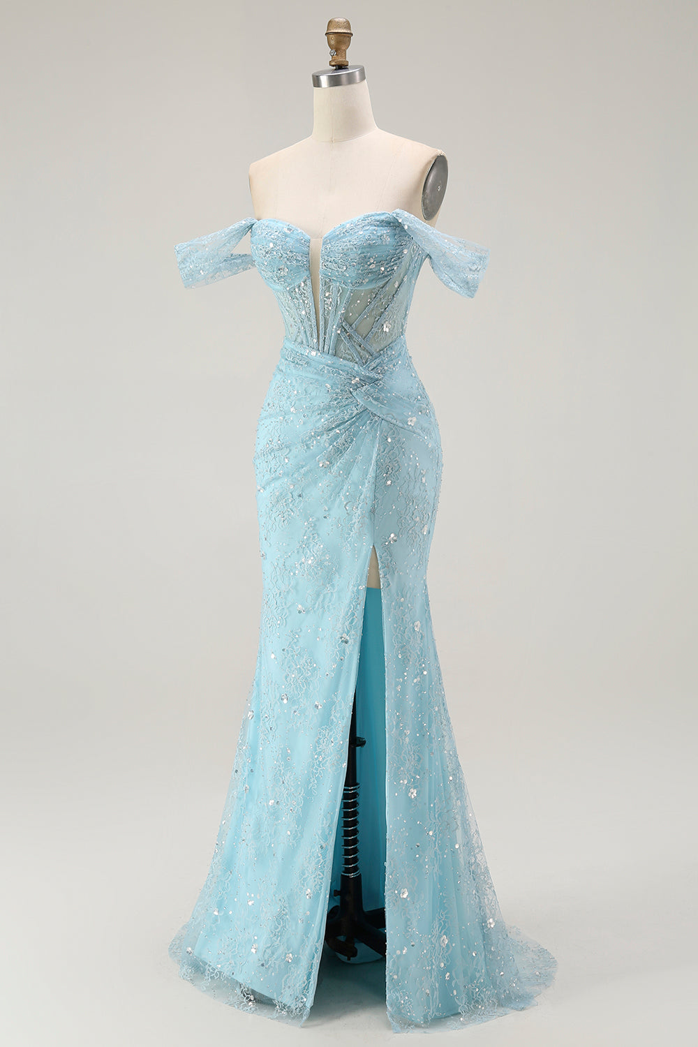 Blue Mermaid Off The Shoulder Beaded Long Ball Dress with Slit