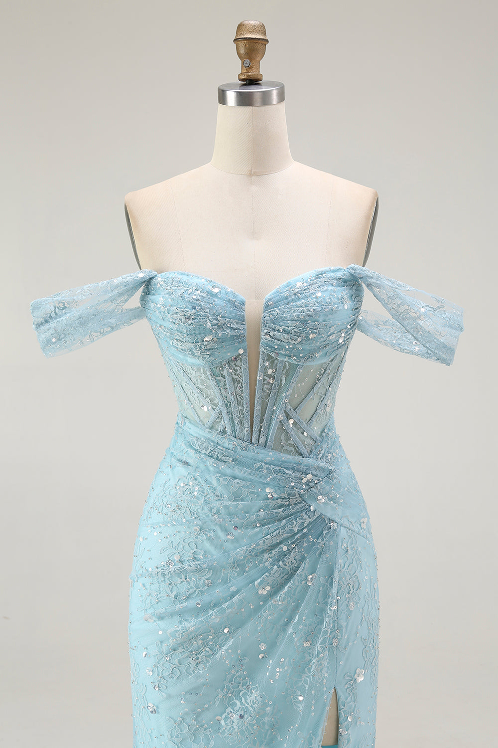 Blue Mermaid Off The Shoulder Beaded Long Ball Dress with Slit